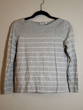 GAP Light Gray and White Striped Long Sweater